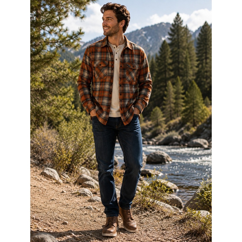 Brixton Bowery Mens Medium Orange Black Plaid Flannel Shirt Standard Fit 01391